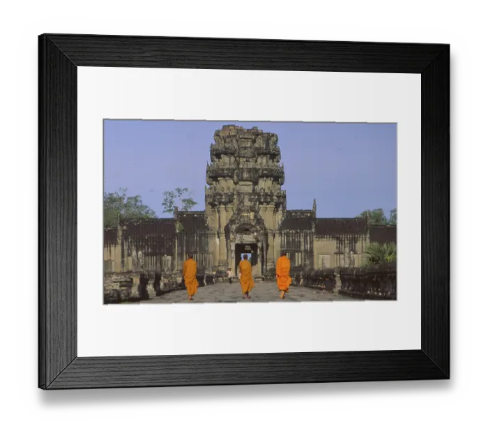 Framed Print : Cambodia: Ankor Wat Entrance with Three Monks Walking Framed Print : Cambodia: Ankor Wat Entrance with Three Monks Walking