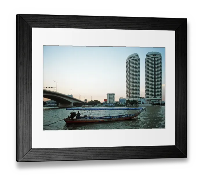 Framed Print : Skyscrapers, longtail boat, Chao Phraya River Framed Print : Skyscrapers, longtail boat, Chao Phraya River