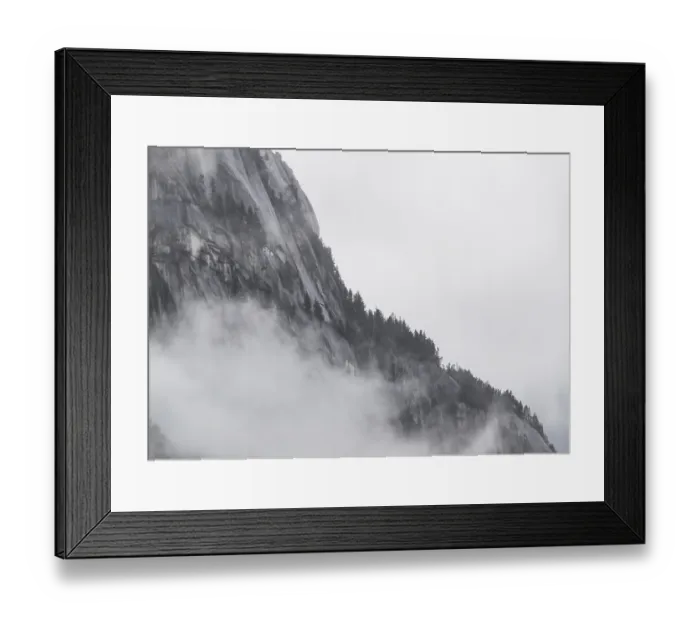 Framed Print : Trees and rocky mountain partially obscured by dense fog