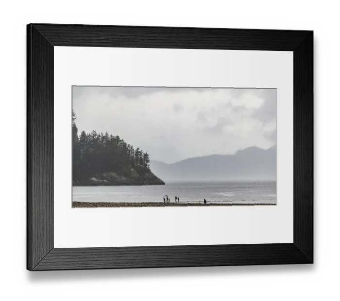 Framed Print : People walking on a misty beach with towering trees
