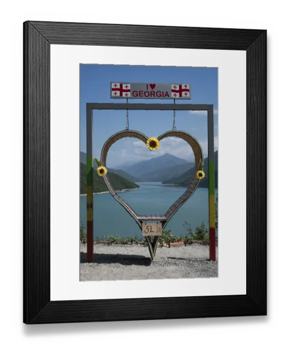 Framed Print : Big heart next to water reservoir artificial lake Zhinvali in Georgia