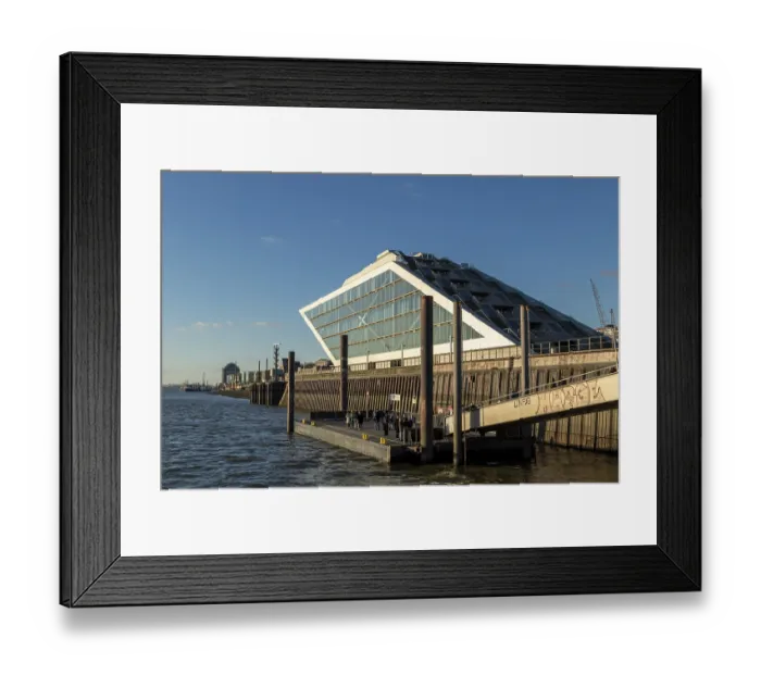 Framed Print : Modern architecture, Dockland office building and ferry dock in the evening light on the Elbe in the port of Hamburg