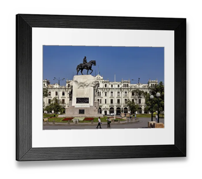 Framed Print : Equestrian statue on a large pedestal in front of an imposing historic building under a blue sky Framed Print : Equestrian statue on a large pedestal in front of an imposing historic building under a blue sky