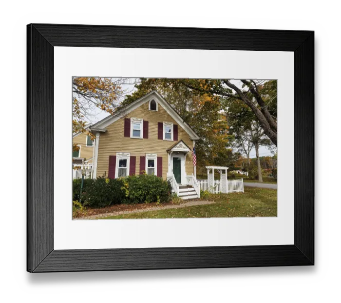 Framed Print : Traditional colonial house, fall leaves Framed Print : Traditional colonial house, fall leaves
