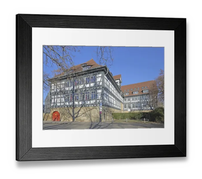 Framed Print : Historic half-timbered house built in 14th century and Friedrich-List-Gymnasium Framed Print : Historic half-timbered house built in 14th century and Friedrich-List-Gymnasium