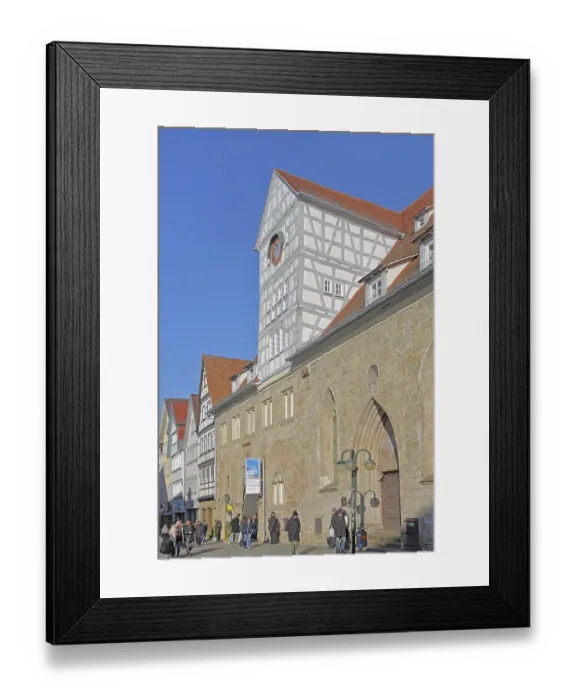Framed Print : Hospital courtyard built 13th century with half-timbered buildings