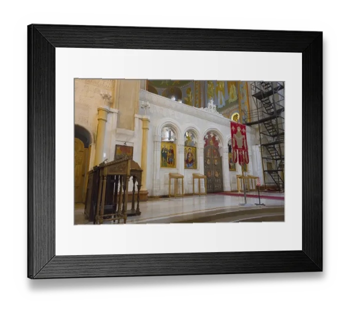 Framed Print : Interior view of an Orthodox church with icons and sacred objects in front of an altar