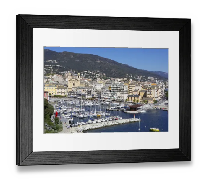 Framed Print : View from the citadel of the old port with marina and church of Saint Jean-Baptiste a Bastia or church of St