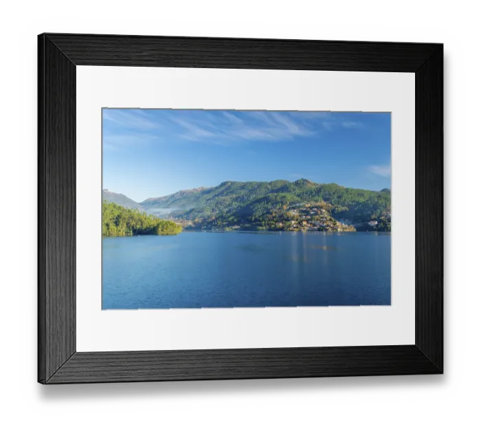 Framed Print : Blue Cavado River and Green Mountains on Sunny Day