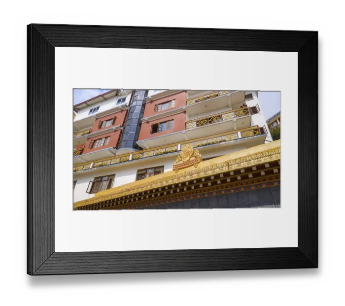 Framed Print : Modern building with traditional Buddhist decorations and balconies