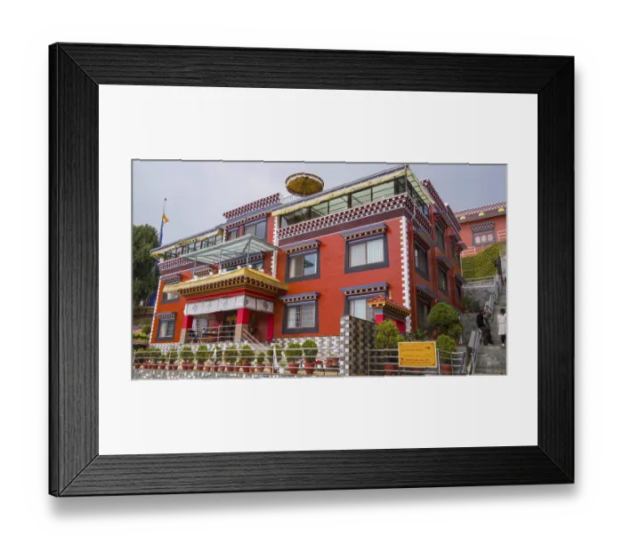 Framed Print : Modern temple with red facade and typical Buddhist architecture Framed Print : Modern temple with red facade and typical Buddhist architecture