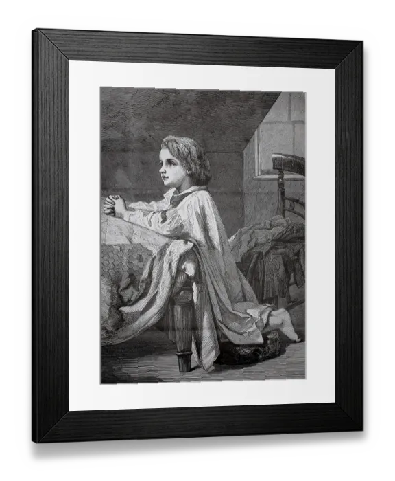 Framed Print : Child kneeling at bed for evening prayer