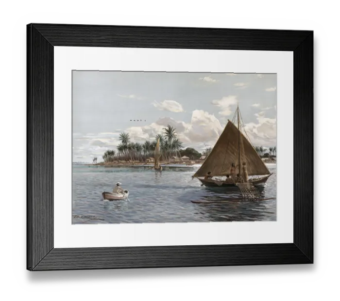 Framed Print : Coast with sailboats and locals
