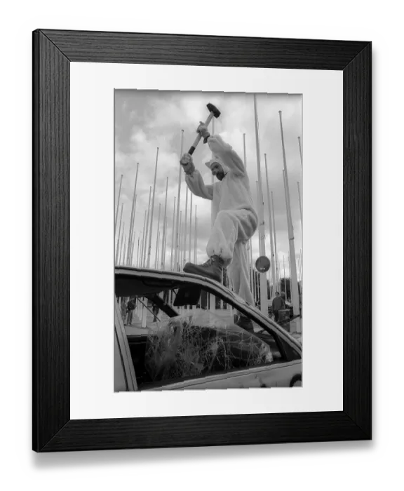 Framed Print : Germany, Berlin, 10.10.1992, protest action at the motor show in the exhibition halls under the radio tower Framed Print : Germany, Berlin, 10.10.1992, protest action at the motor show in the exhibition halls under the radio tower