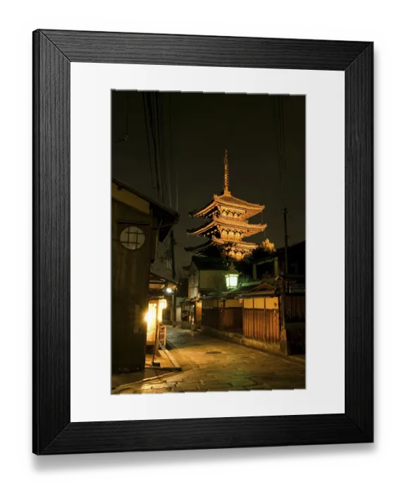 Framed Print : Rural Kyoto streets at night in eastern part of the city with illuminated 3store pagoda background