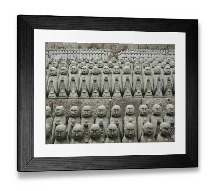 Framed Print : Rows of similar japanese jizo sculptures in Hase-Dera temple