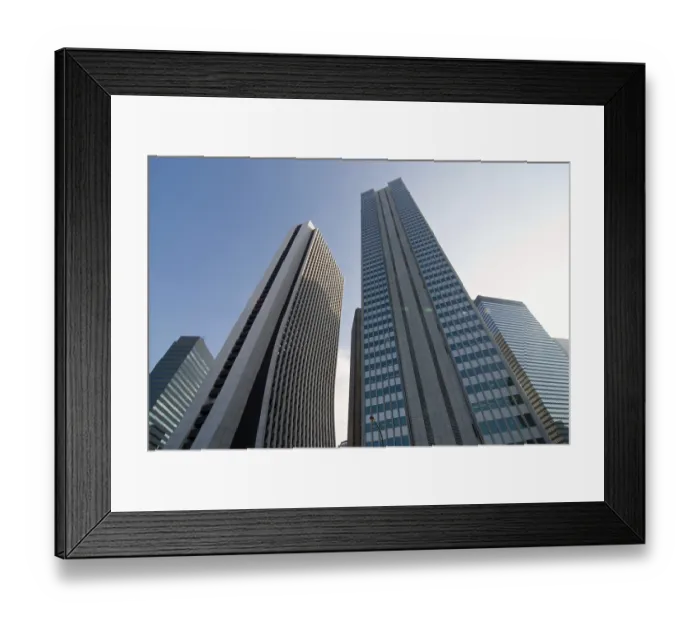 Framed Print : Very high buildings background with green lens-flare spots in Shinjuku district Framed Print : Very high buildings background with green lens-flare spots in Shinjuku district