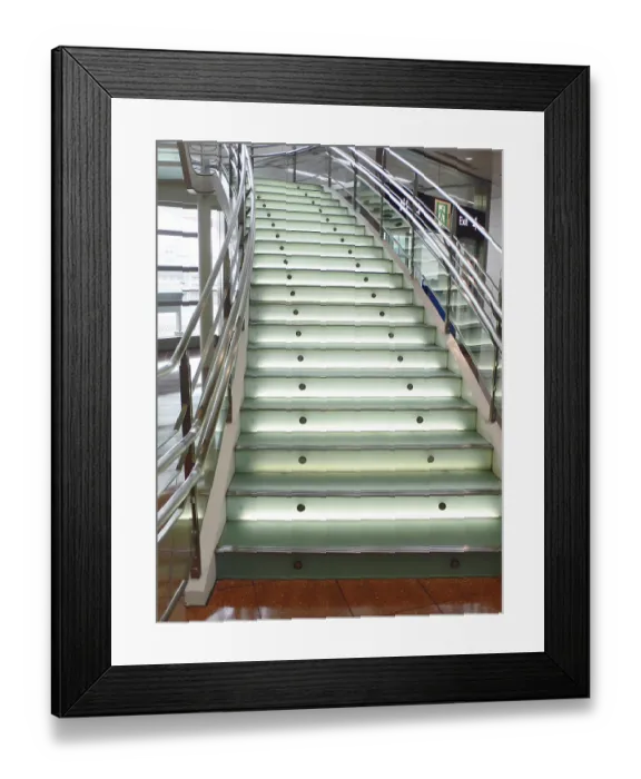 Framed Print : Modern stained and matted glass stairs with metallic hand-rails