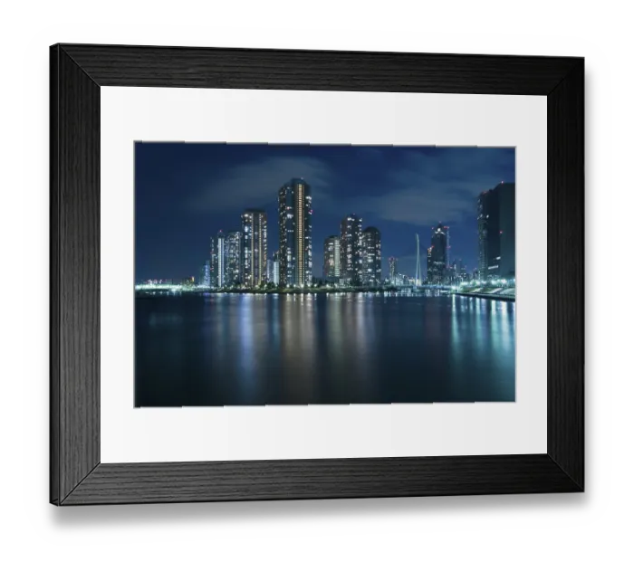Framed Print : Modern Tsukuda district of Tokyo at night over waters of Sumida River Framed Print : Modern Tsukuda district of Tokyo at night over waters of Sumida River