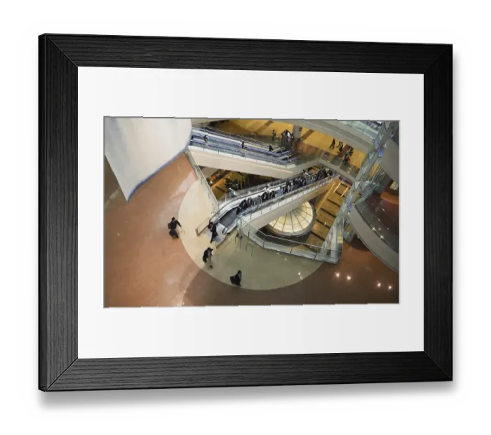 Framed Print : Interior of modern futuristic building - public hall of Japanese airport with moving escalators and people crowd