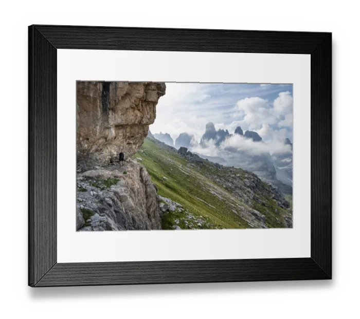 Framed Print : Mountaineers on a trail in front of picturesque mountain landscape with rocky peaks Framed Print : Mountaineers on a trail in front of picturesque mountain landscape with rocky peaks