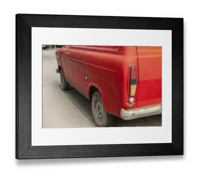 Framed Print : Back side of old red vintage van closeup Framed Print : Back side of old red vintage van closeup