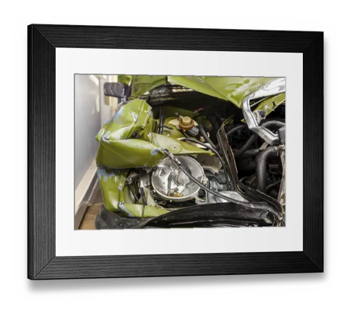 Framed Print : Accident, Car crash collision. Closeup shot of a crashed oldtimer cars front with demolished headlight