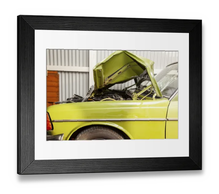 Framed Print : Accident, Car crash collision with open car hood Framed Print : Accident, Car crash collision with open car hood