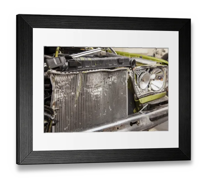 Framed Print : Accident, Car crash collision. Closeup shot of a crashed oldtimer cars front with Vehicle Radiator Framed Print : Accident, Car crash collision. Closeup shot of a crashed oldtimer cars front with Vehicle Radiator