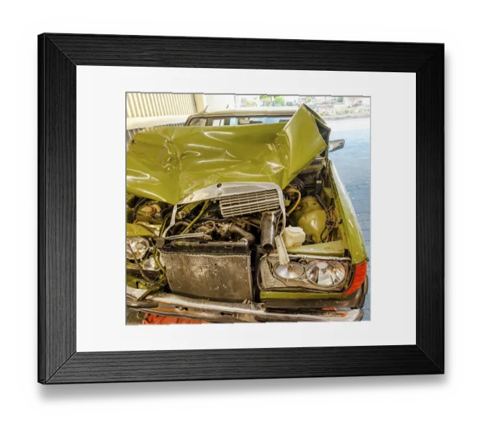 Framed Print : Accident, Car crash collision with open car hood