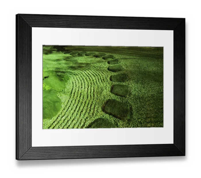 Framed Print : Scenic Japanese zen garden by nigh with acid green illumination