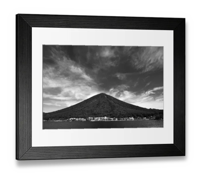 Framed Print : Old volcano mountain over the lake waters