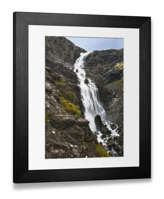 Framed Print : The big waterfall in mountains of Norway