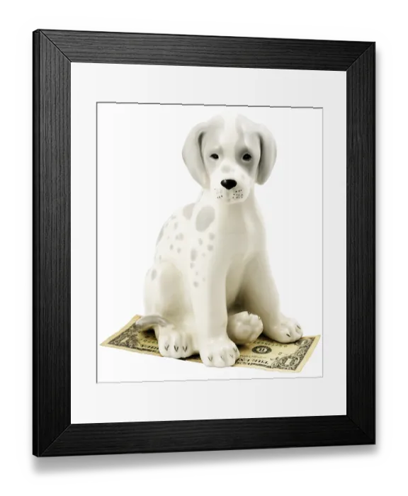 Framed Print : Statuette of dog sitting on bank note Framed Print : Statuette of dog sitting on bank note