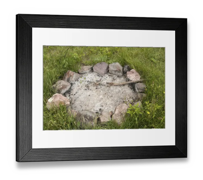 Framed Print : Unlit camp fireplace with ashes and stones on mountain meadow Framed Print : Unlit camp fireplace with ashes and stones on mountain meadow