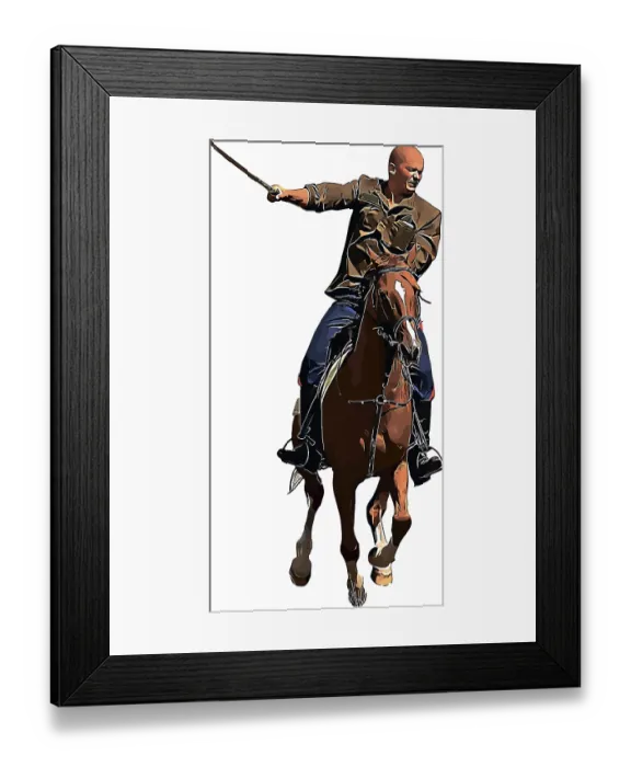Framed Print : Color vector image of a Cossack performing tricks on racehorses
