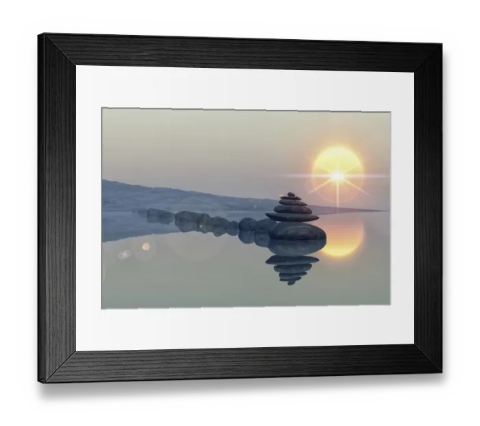 Framed Print : Calm lake beach with stacked stones Framed Print : Calm lake beach with stacked stones