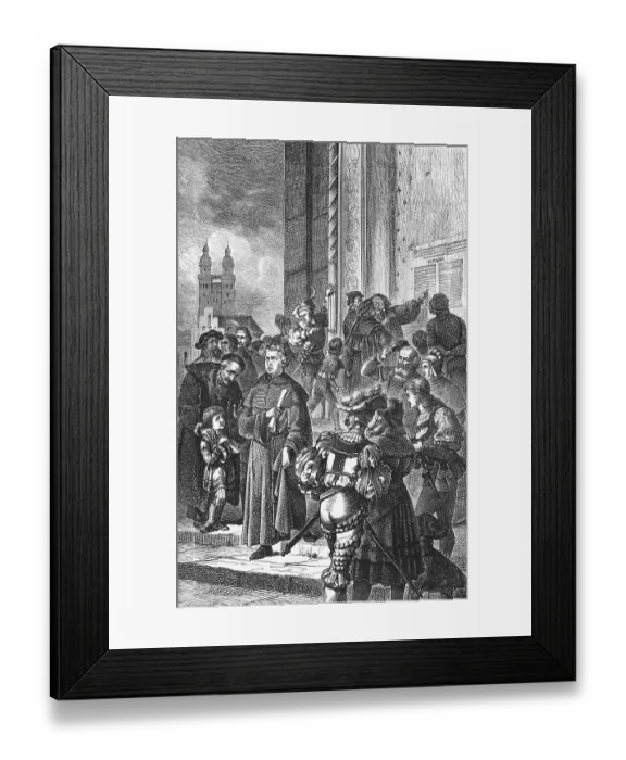 Framed Print : Martin Luther proposes the 95 theses to the castle church in Wittenberg