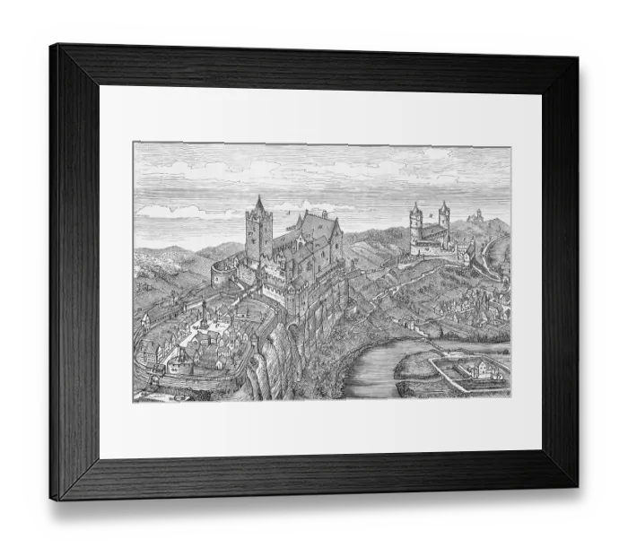 Framed Print : Rudelsburg (left) with outer bailey and curtain walls and Saaleck Castle (both 12th century) on the Saale