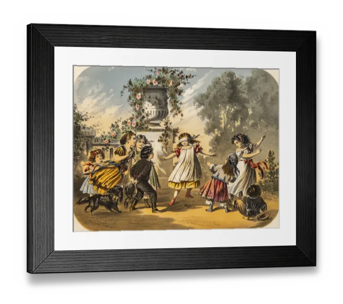 Framed Print : Children celebrate birthday and play blind cow outdoors