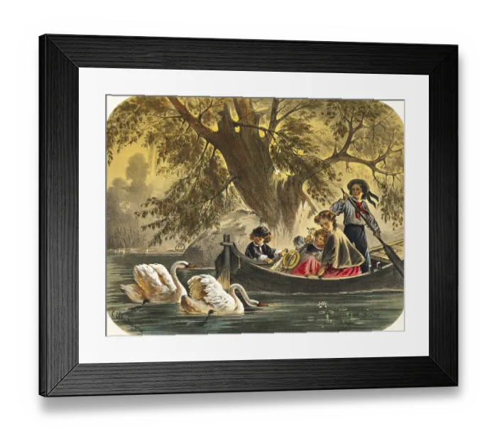 Framed Print : Mother with her two children on a boat trip across a lake