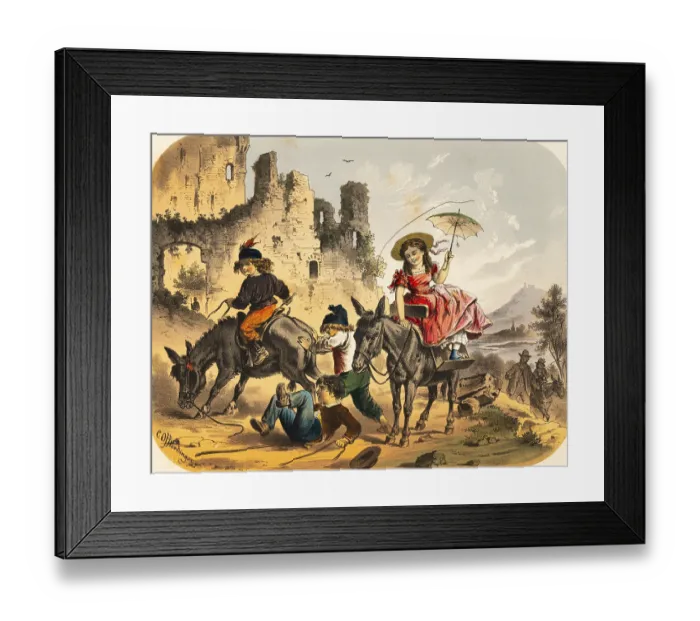 Framed Print : Children have fun riding on two donkeys Framed Print : Children have fun riding on two donkeys