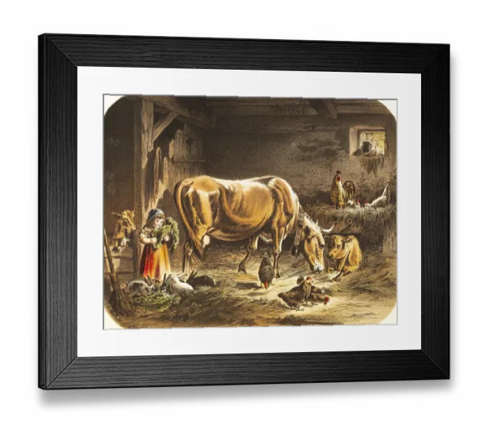 Framed Print : Toddler playing with many animals in the stable