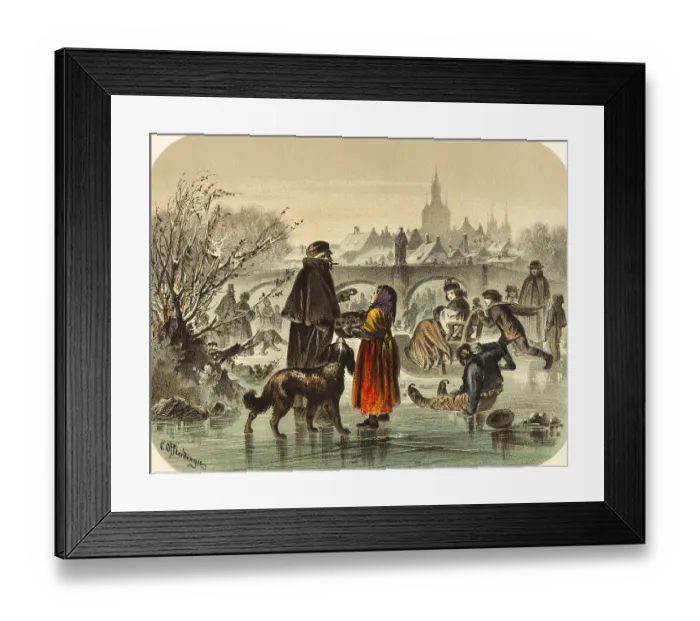Framed Print : Frosty winter time, poor girl selling pretzel on the frozen river Framed Print : Frosty winter time, poor girl selling pretzel on the frozen river