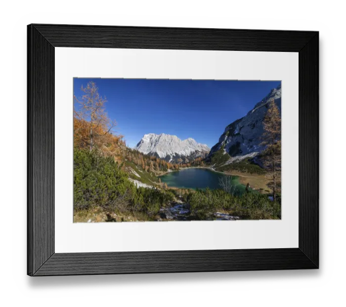 Framed Print : Seebensee with Zugspitze and Wetterstein Mountains in autumn