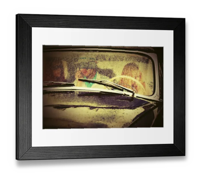Framed Print : Young people driving vintage car in the rain Framed Print : Young people driving vintage car in the rain