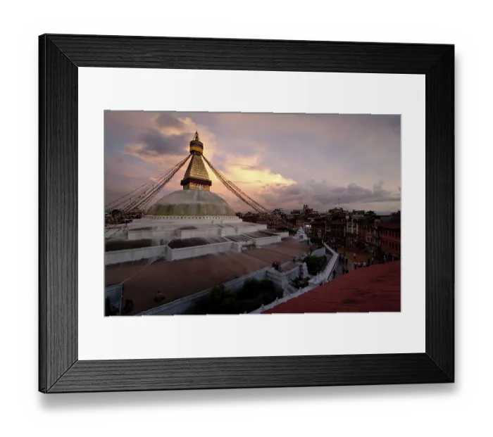 Framed Print : Buddhist Shrine Boudhanath Stupa with pray flags over sunset sky
