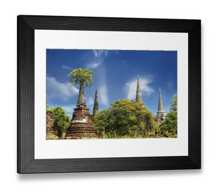 Framed Print : Asian religious architecture. Ancient ruins with growing trees under blue sky