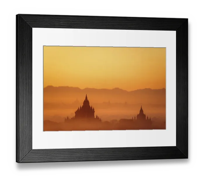 Framed Print : Tilt Shift blur effect. Amazing misty sunrise colors and silhouettes of ancient Sulamani and Tha Beik Hmauk Gu Hpaya