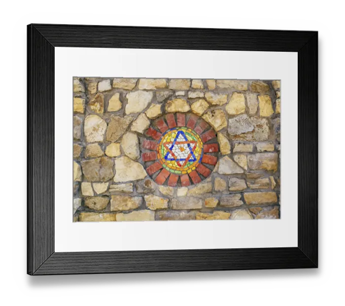 Framed Print : Circular mosaic religious symbol Star of David on stone wall